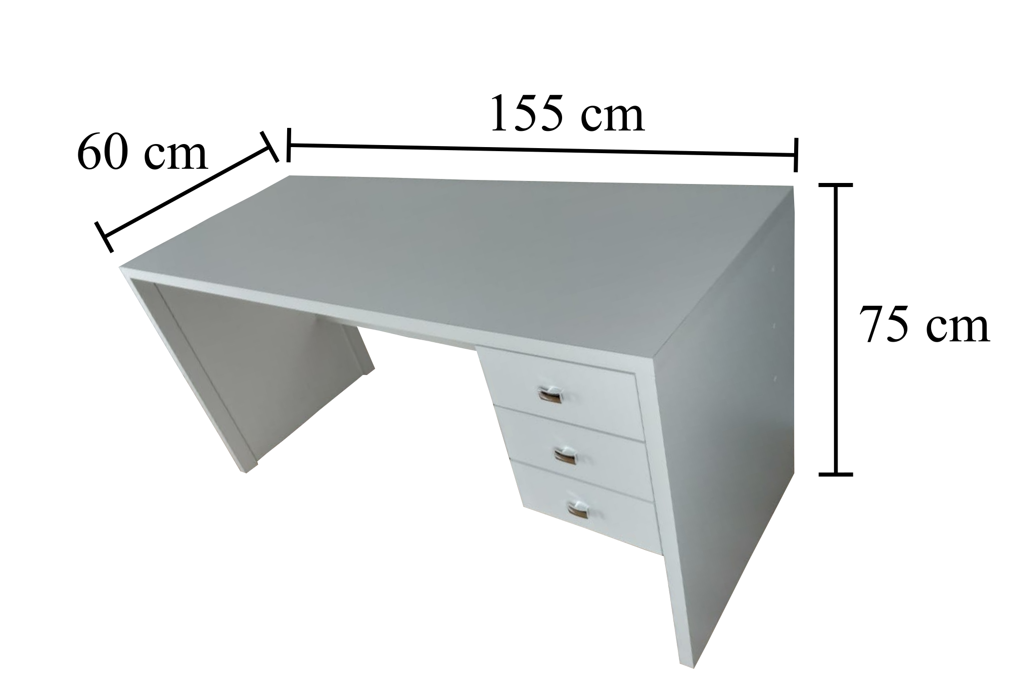 Imagem com as dimensões da Mesa de escritório Betânia 155x60 com 3 gavetas, fabricada em MDF pela TreeMobili.